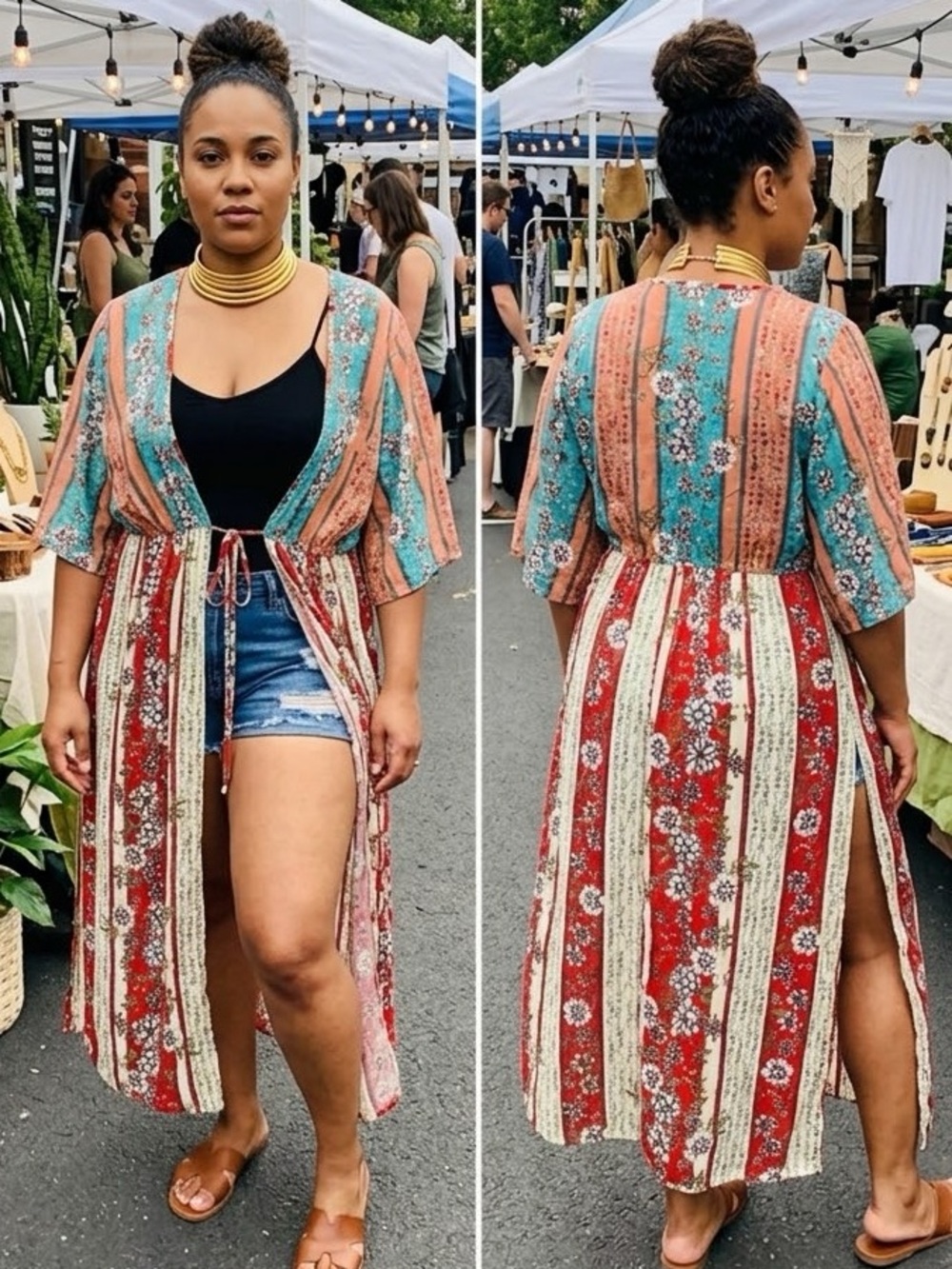 Boho Floral Stripe Midi Kimono in Red, Teal, Cream & Coral